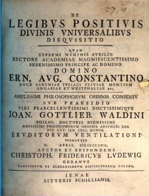 De Legibvs Positivis Divinis Vniversalibvs Disqvisitio