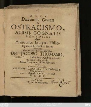 Discursus Civilis De Ostracismo, Aliisq. Cognatis Remediis
