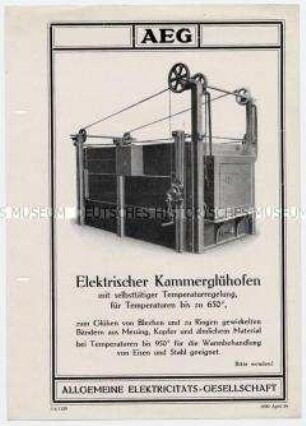 Elektrischer Kammerglühofen mit selbsttätiger Temperaturreglung, für Temperaturen bis zu 650 Grad