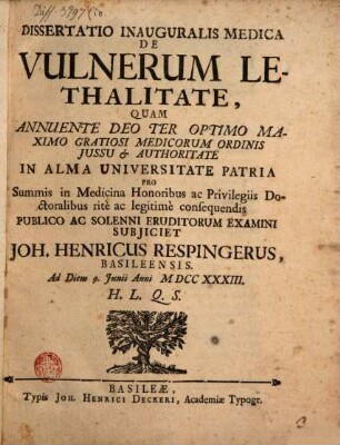 Diss. inaug. med. de vulnerum lethalitate