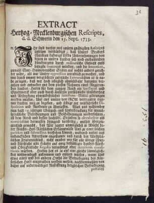 Extract Hertzog-Mecklenburgischen Rescripts, d. d. Schwerin den 15. Sept. 1733