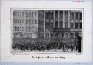 Die Märzrevolution 1848 in Dresden: Menschenmenge auf dem Altmarkt vor dem Rathaus am 15. März 1848