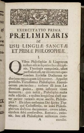 Exercitatio Prima Præliminaris De Usu Linguæ Sanctæ Et Primæ Philosophiæ.