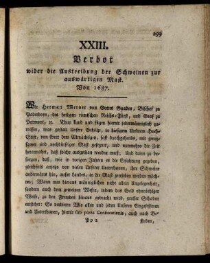 XXIII. Verbot wider die Austreibung der Schweinen zur auswärtigen Mast. Von 1687.