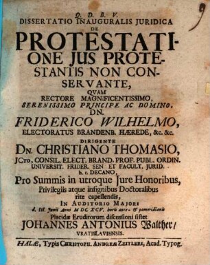 Dissertatio Inauguralis Iuridica De Protestatione Ius Protestantis Non Conservante