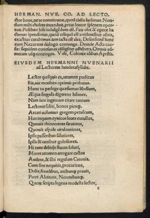 Eiusdem Hermanni Nuenarii ad Lectorem hendecasyllabi.