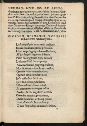 Eiusdem Hermanni Nuenarii ad Lectorem hendecasyllabi.