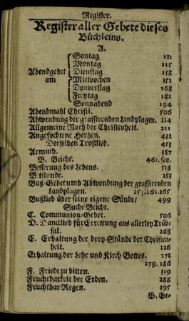 Register aller Gebete dieses Büchleins.
