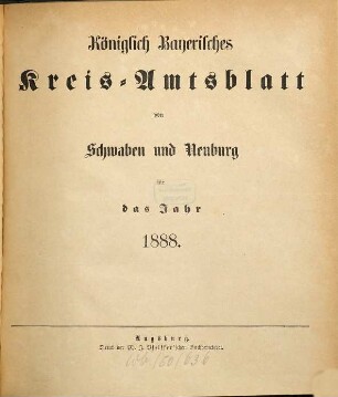 Königlich Bayerisches Kreis-Amtsblatt von Schwaben und Neuburg. 1888