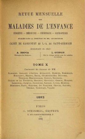 Revue mensuelle des maladies de l'enfance : hygiène, médecine, chirurgie, orthopédie. 10. 1892