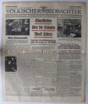 Tageszeitung "Völkischer Beobachter" u.a. über "Adolf-Hitler-Schulen" und den bevorstehenden Staatsbesuch des jugoslawischen Ministerpräsidenten