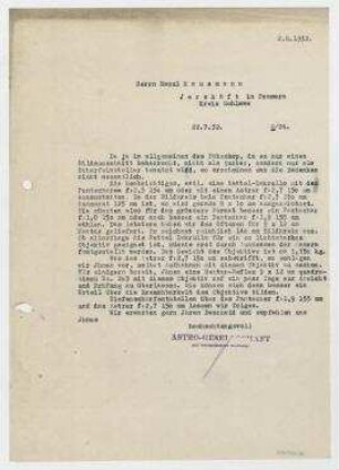 Brief von Astro-Gesellschaft m.b.H an Raoul Hausmann. Berlin