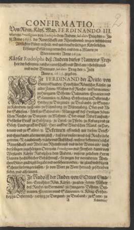 Confirmatio, Von Röm. Käys. May. Ferdinando III. uber ein Privilegium von Rudolpho dem Andern ...