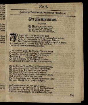 No. 2. Hamburg, Donnerstags, den neunten Julius 1739.