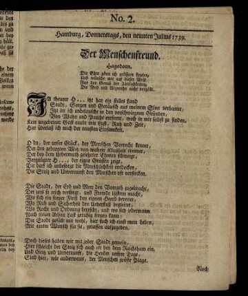 No. 2. Hamburg, Donnerstags, den neunten Julius 1739.