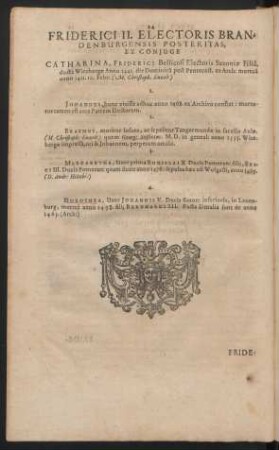 Friderici II. Electoris Brandenburgensis Posteritas, Ex Coniuge
