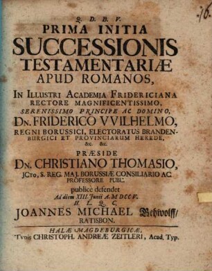 Prima Initia Successionis Testamentariae Apud Romanos