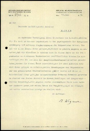 M. Wegner an DAI Athen