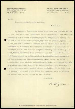 M. Wegner an DAI Athen