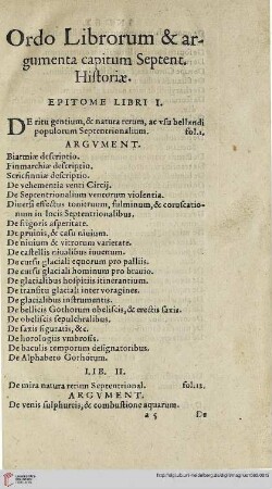 Ordo librorum & argumenta capitum septent. hisotriae