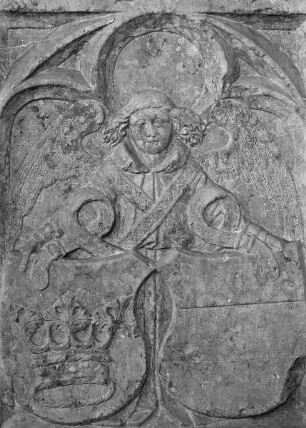 Schwebender Engel, zwei Wappen tragend