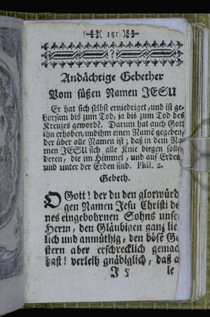 Andächtige Gebether vom süßen Namen Jesu. - Litaney von dem süßen Namen Jesu. - Beschluß.