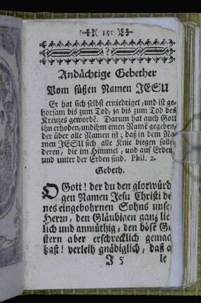 Andächtige Gebether vom süßen Namen Jesu. - Litaney von dem süßen Namen Jesu. - Beschluß.