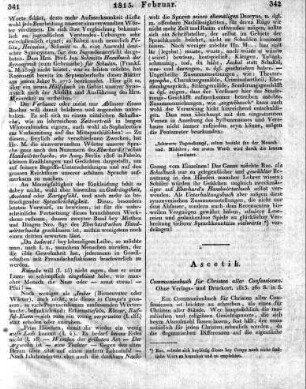 Communionbuch für Christen aller Confessionen. Ohne Verlags- und Druckort. 1813. 260 S. in 8.