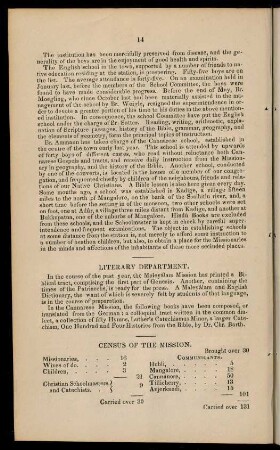 14-16, Literary department; census of the mission; list of contributions