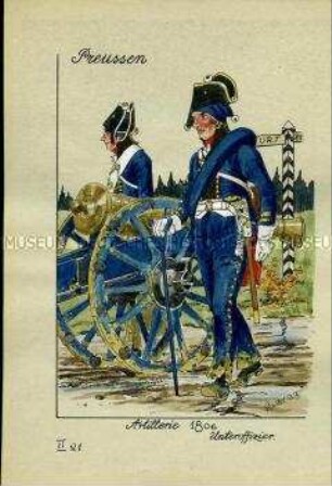 Uniformdarstellung, Unteroffizier dder Artillerie beim Geschütz, Preußen, 1806. Tafel II 21 aus Manuskript "Uniformenkunde, Neue Folge, 3" von Herbert Knötel.