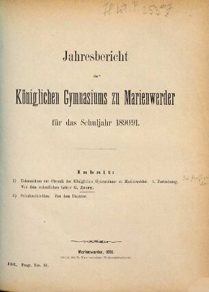 Jahresbericht des Königlichen Gymnasiums zu Marienwerder : für das Schuljahr .... 1890/91