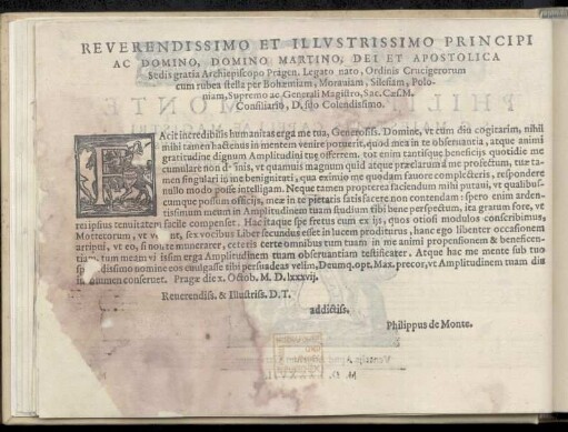 Dedikation an Martin Erzbischof von Prag. Martin Medeck aus Mähren. Erzbischoffsweihe 1581. Prag 10. Oktober 1587