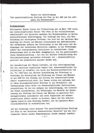 Thesen zur Arbeitstagung "Die gesellschaftliche Stellung der Frau in der DDR und die Aufgaben der Wissenschaft"