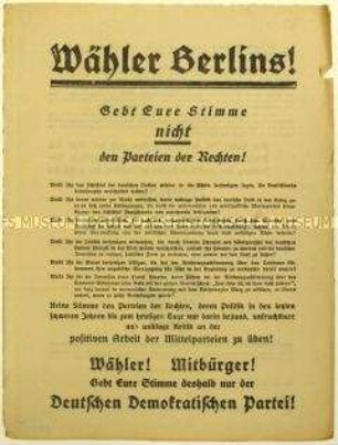 Aufruf der Deutschen Demokratischen Partei zur Reichstags- und zur preußischen Landtagswahl am 7. Dezember 1924