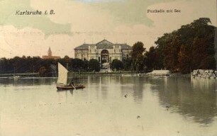 Postkartenalbum. "Karlsruhe". Festhalle mit Stadtgartensee