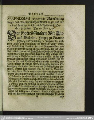 renovirte Verordnung wegen verbotenen heimlichen Verlobungen und wie es ins künfftige in Ehe- und Verlöbniß-Sachen zu halten. Den 19. Nov. 1725