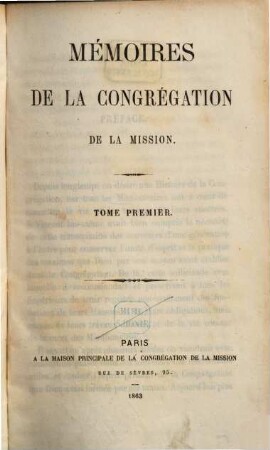 Mémoires de la Congrégation de la Mission. 1. 1863