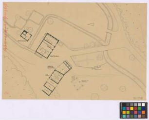 Eybach (Landkreis Göppingen): Obere Roggenmühle. Lageplan mit. - Backhaus (Grundriss). - Haupthaus (Grundriss). - Bienenhaus (Grundriss). - Keller mit Überbau (Grundriss). - Stall (Grundriss). - Wagenschuppen (Grundriss)