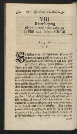 VIII. Untersuchung ob Fridericus Barbarossa in dem fluß Cydnus ersoffen