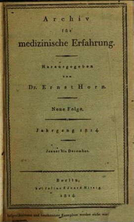 Archiv für medizinische Erfahrung. [26]. 1814