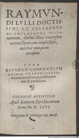 Testamentum duobus libris universam artem chymicam complectens