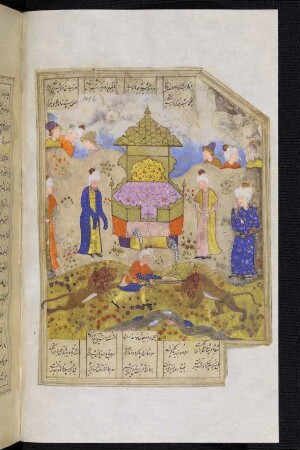 Illustration: Bahrām Gūr tötet die beiden die Königskrone bewachenden Löwen