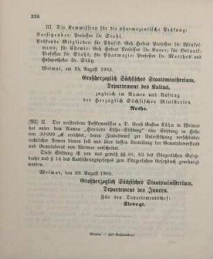 93. Ministerialbekanntmachung, betreffend die Genehmigung der „Henriette Kühn-Stiftung“ des verstorbenen Postkommissars a. D. Ernst Gustav Kühn in Weimar