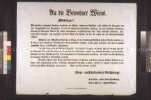 Maueranschlag: Aufruf des Vize-Präsidenten des Reichstages an die Bewohner Wiens; Wien, 10. Oktober 1848