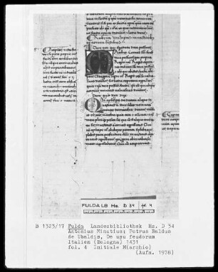 Antonius Minutius, Petrus Baldus de Ubaldis, De usu feudorum — Initiale M (archio), Folio 4 recto