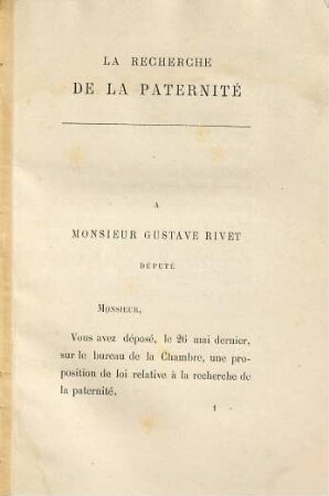 La Recherche de la Paternité Lettre à M. Rivet, Député