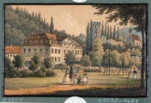 Tharandt, Blick auf das Bad (Kaltwasser-Heilanstalt), die Burgruine und die Berg- und Stadtkirche