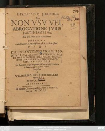 Disputatio Iuridica De Non Usu Vel Abrogatione Iuris Iustinianei &c.