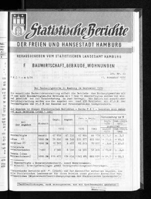 Das Bauhauptgewerbe in Hamburg im September 1970 : Lfd. Nr. 33