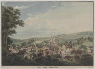 Ansicht von Bad Berggießhübel, Stich, um 1820 : Fiorino, Jeremias David Alexander : Bad Berg-gießhübel / nach der Natur gez. v. Fiorino. Gest. v. J. C. A. Richter. - Dresden , [ca. 1820]. - 1 Kunstbl. : kolor. Stich ; 50 x 34 cm